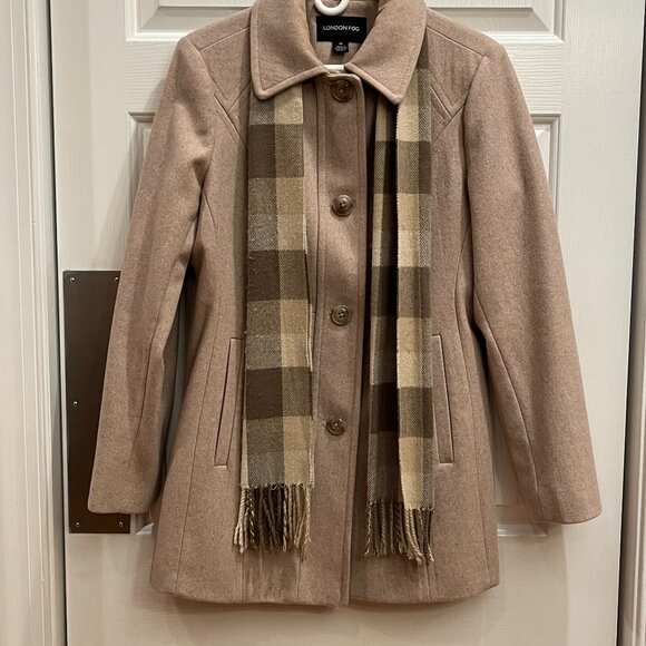 London Light Tan Wool Coat with Attached Plaid Fringe Scarf Women's Size Med EUC - Picture 1 of 12